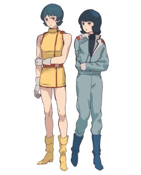 1980s_(style) 1boy 1girl black_hair blue_boots blue_eyes blue_hair blue_jumpsuit boots cosplay costume_switch crossdressing dress fa_yuiry fa_yuiry_(cosplay) full_body gloves gundam highres jumpsuit kamille_bidan kamille_bidan_(cosplay) kasumi_(skchkko) oldschool retro_artstyle short_hair simple_background white_background white_gloves yellow_boots yellow_dress zeta_gundam