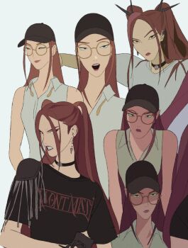 1girl baseball_cap black_choker black_hat black_shirt breasts brown_hair choker closed_mouth collared_shirt earrings furrowed_brow glasses hair_ornament hair_stick hat highres jewelry kpop_demon_hunters long_hair medium_breasts mira_(kpop_demon_hunters) multiple_views onasugar open_mouth parted_bangs print_shirt round_eyewear shirt single_shoulder_pad sleeveless sleeveless_shirt solo twintails upper_body white_background white_shirt