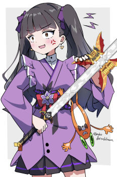 1girl absurdres angry black_hair blonde_hair highres hime_cut japanese_clothes keroppe lolita_fashion long_hair maebashi_witches mascot niisato_azu nuanko obi sash skirt twintails wa_lolita zanvat_sword