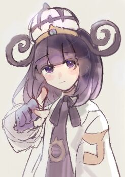 1girl black_dress black_hair blunt_bangs closed_mouth coat dress gloves gradient_hair gwynn_(pokemon) hat highres long_sleeves looking_at_viewer mopumopu107 multicolored_hair nintendo open_clothes open_coat partially_fingerless_gloves pokemon pokemon_legends:_z-a purple_eyes purple_hair short_hair smile solo white_coat