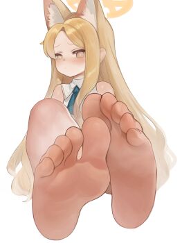 1girl absurdres animal_ears averting_eyes barefoot blonde_hair blue_archive closed_mouth commentary dokomon dress extra_ears feet foot_focus fox_ears fox_girl halo highres long_hair looking_to_the_side seia_(blue_archive) simple_background sitting soles solo toes variant_set very_long_hair white_background white_dress yellow_eyes yellow_halo