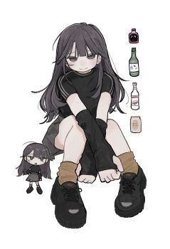 1girl absurdres arm_warmers black_arm_warmers black_eyes black_hair black_shirt black_shoes blush bottle brown_socks chibi chibi_inset closed_mouth commentary grey_skirt highres long_hair looking_at_viewer multiple_views original revision shirt shoes short_sleeves simple_background sitting skirt sneakers socks white_background yunoki_itsugu