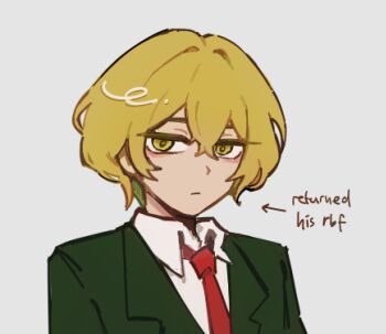 1boy alternate_costume blonde_hair chayre5792 closed_mouth collared_shirt formal_clothes green_suit hair_between_eyes limbus_company looking_at_viewer male_focus necktie portrait project_moon red_necktie school_uniform shirt short_hair simple_background sinclair_(project_moon) solo suit upper_body white_background white_shirt yellow_eyes