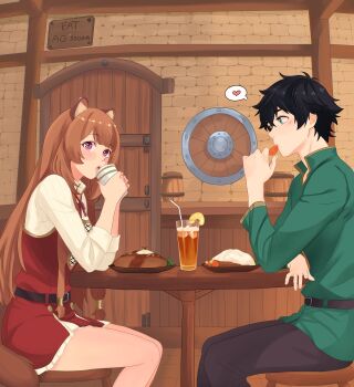 alternate_costume animal_ear_fluff animal_ears aossora artist_name belt black_belt black_hair blunt_bangs blush brown_belt brown_hair brown_pants chair collared_dress collared_shirt commentary couple cup curry dress drink drinking eating eyebrows_hidden_by_hair eyelashes feet_out_of_frame food food_in_mouth food_request fruit gold_trim green_eyes green_shirt hair_between_eyes heart high_collar highres holding holding_cup holding_drink indoors iwatani_naofumi layered_dress lemon lemon_slice long_hair long_sleeves looking_at_another looking_at_viewer looking_to_the_side medium_dress messy_hair metal_hair_tubes mug neck_ribbon on_chair open_mouth pants pink_eyes raccoon_ears raccoon_girl raccoon_tail raised_eyebrows raphtalia red_dress red_ribbon ribbon shield shirt short_dress short_hair sitting sleeveless sleeveless_dress speech_bubble spoken_heart straight_hair symbol-only_commentary table tail tate_no_yuusha_no_nariagari teeth tongue watermark white_dress wooden_cup wooden_plate