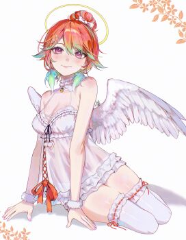 1girl absurdres angel_wings ani_019 babydoll bell breasts cleavage closed_mouth commentary earrings english_commentary feather_earrings feathered_wings feathers frilled_shorts frilled_thighhighs frills gradient_hair green_feathers green_hair hair_bun hair_flaps halo highres hololive hololive_english jewelry medium_breasts multicolored_hair neck_bell official_alternate_costume official_alternate_hairstyle orange_hair purple_eyes see-through_babydoll see-through_clothes short_hair shorts simple_background single_hair_bun sitting smile solo takanashi_kiara takanashi_kiara_(cozy) thighhighs virtual_youtuber white_babydoll white_background white_shorts white_wings wings yokozuwari