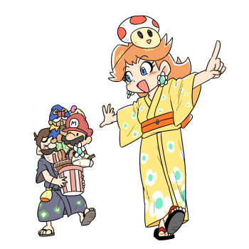 1boy 1girl blue_eyes brown_hair character_doll closed_eyes doll earrings facial_hair floral_print flower_earrings geno_(mario) highres japanese_clothes jewelry junnosu kimono luigi mallow_(mario) mario mario_(series) mustache nail_polish nintendo open_mouth princess_daisy red_toad_(mario) simple_background smile stuffed_toy toad_(mario) white_background yukata