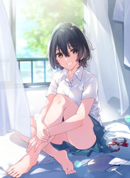 1girl :d bare_legs barefoot bed black_eyes black_hair blue_skirt blurry blurry_background blush collared_shirt cover_image curtains day depth_of_field dress_shirt feet female_focus full_body grin hair_between_eyes hand_fan highres hugging_own_legs indoors knee_up legs looking_at_viewer miniskirt novel_illustration official_art on_bed open_mouth open_window otonari-san_to_hajimeru_setsuyaku_seikatsu. own_hands_together paper_fan red_ribbon ribbon shirt short_hair short_sleeves sitting skirt smile soles solo teeth textless_version toes u35 uchiwa upskirt white_shirt window wing_collar