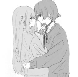 Rule 34 | 2girls, blush, bocchi the rock!, collared shirt, commentary request, cube hair ornament, eye contact, from side, gotoh hitori, greyscale, hair ornament, highres, hug, long hair, long sleeves, looking at another, mole, mole under eye, monochrome, multiple girls, neck ribbon, profile, ribbon, shirt, short hair, sweat, sweater, toumin103, upper body, yamada ryo, yuri