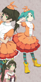 1girl aqua_hair aqua_thighhighs backpack bag blunt_bangs boots cosplay dress googly_eyes green_eyes green_hair hachikuji_mayoi hachikuji_mayoi_(cosplay) hat highres hikimayu hiyajou_maho long_hair looking_at_viewer menomorute messy_hair monogatari_(series) multiple_girls naoetsu_high_school_uniform ononoki_yotsugi ononoki_yotsugi_(cosplay) orange_dress orange_hat pantyhose rubber_boots school_uniform science_adventure short_eyebrows solo steins;gate steins;gate_0 striped_clothes striped_pantyhose striped_thighhighs suspenders thick_eyebrows thighhighs tsukimonogatari twintails v v_over_eye very_long_hair yellow_boots