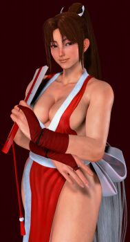 1girl 3d absurdres bare_shoulders breasts brown_eyes brown_hair cleavage fatal_fury folding_fan game_screenshot hand_fan high_ponytail highres japanese_clothes large_breasts long_hair looking_at_viewer ninja pelvic_curtain ponytail revealing_clothes shiranui_mai simple_background solo street_fighter street_fighter_6 tagme thighs