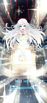 1girl blue_eyes breasts dress duel_monster full_body glowing grey_hair highres large_breasts long_hair looking_at_viewer maiden_of_white maiden_with_eyes_of_blue second-party_source sengenjin31 standing summoning trading_card white_dress yu-gi-oh!