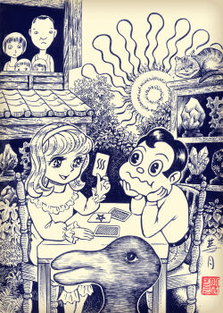 2boys 2girls 2others alice&#039;s_adventures_in_wonderland animal belt bird bush card cat chair cheshire_cat_(alice_in_wonderland) crystal dress duck fractal_underground_studio hairband head_rest holding holding_card long_hair long_sleeves looking_at_another monochrome multiple_boys multiple_girls multiple_others open_mouth optical_illusion original pac-man_eyes pants pentagram plant rabbit shelf shirt short_hair sitting sky sleeveless sleeveless_shirt smile sparkling_eyes star_(symbol) statue sun table traditional_media wavy_mouth window