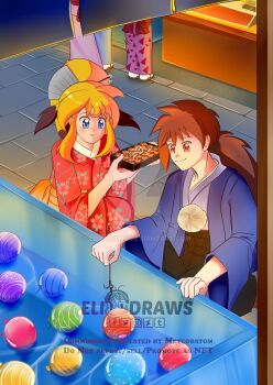 1boy 1girl bandai bandai_namco blonde_hair blue_eyes brown_hair capcom food hakama highres japanese_clothes kimono mega_man_(series) mega_man_battle_network megaman.exe namco namco_x_capcom night orange_eyes outdoors ponytail project_x_zone project_x_zone_2 running_bond sidelocks summer_festival watermark xiaomu yukata