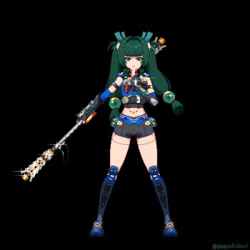 1girl android black_background black_gloves braid closed_mouth commentary_request fingerless_gloves gloves green_eyes green_hair guppyinfishbowl hair_ornament holding holding_weapon korean_commentary long_hair looking_at_viewer navel pixel_art police police_uniform policewoman qingyi_(zenless_zone_zero) shorts simple_background solo sphere_hair_ornament twintails twitter_username weapon zenless_zone_zero