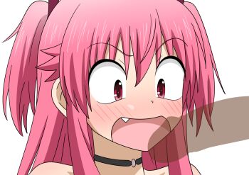 1boy 1girl angel_beats! bare_shoulders black_choker blush choker commentary_request constricted_pupils downturned_eyes erection eyes_visible_through_hair fang hair_between_eyes hetero highres kyodori_(oyogume) long_hair looking_at_penis open_mouth paid_reward_available partial_commentary penis penis_awe penis_shadow pink_hair portrait red_eyes sidelocks simple_background solo_focus surprised tareme two_side_up v-shaped_eyebrows white_background wide-eyed yui_(angel_beats!)