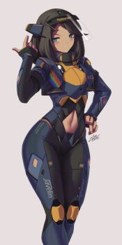 1girl absurdres artist_name black_hair blue_bodysuit blue_eyes blush bodysuit breasts clothing_cutout commentary commission dated feet_out_of_frame grey_background hand_up headpiece highres looking_at_viewer medium_hair navel navel_cutout open_mouth original personification rainbow_flag simple_background smile solo standing teeth thighs zhvo