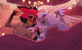 1boy 1girl :d aftersex alastor_(hazbin_hotel) angel angel_and_devil animal_ears antlers avarious_(n30_n3k0) bite_mark bite_mark_on_neck black_hair black_lips blanket body_fur closed_eyes commentary dark-skinned_female dark_skin emily_(hazbin_hotel) english_commentary furry furry_male furry_with_non-furry grin halo hazbin_hotel hellaverse hetero highres holding_hands horns interspecies long_hair multicolored_hair nude open_mouth red_hair reindeer_antlers sharp_teeth smile teeth two-tone_hair under_covers upper_teeth_only white_hair