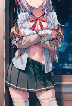 1girl alisa_mikhailovna_kujou black_skirt blazer blush bow breasts breasts_squeezed_together brown_jacket closed_mouth collarbone collared_shirt dot_nose female_focus grey_hair hair_bow hair_ornament hair_ribbon highres imminent_fellatio imminent_kiss imminent_penetration imminent_vaginal jacket kneehighs large_breasts legs long_hair long_sleeves looking_at_viewer midriff miniskirt navel neckerchief no_bra pleated_skirt raaivault red_bow red_neckerchief red_ribbon ribbon school_uniform seiren_academy_school_uniform sexually_suggestive shirt skirt smile socks solo solo_focus stomach thick_thighs thighhighs thighs tokidoki_bosotto_roshia-go_de_dereru_tonari_no_alya-san unbuttoned unbuttoned_shirt white_shirt white_thighhighs zettai_ryouiki
