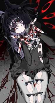 1girl absurdres black_background black_bow black_bowtie black_dress black_hair black_nails black_ribbon blood blood_on_face blood_on_ground blood_on_hands bow bowtie cat_tail dress fingernails frilled_dress frills front-seamed_legwear grey_pantyhose hair_ribbon head_tilt highres jewelry juliet_sleeves long_fingernails long_hair long_sleeves looking_at_viewer multiple_rings nail_polish original pantyhose puckered_lips puffy_sleeves red_eyes ribbon ring scocasr seamed_legwear sharp_fingernails short_dress simple_background sitting solo tail tile_floor tiles