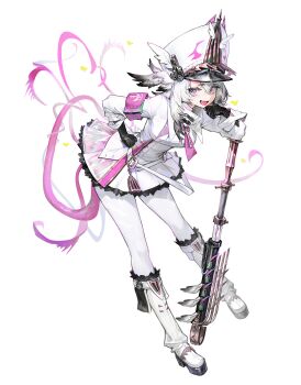 Rule 34 | 1girl, armband, black gloves, black hair, boots, colored tips, commentary, dress, full body, gloves, grey hair, hand on own hip, hat, head wings, heart, highres, key, leaning forward, looking at viewer, medium hair, multicolored hair, open mouth, original, panties, paringgg, peaked cap, pink armband, purple eyes, simple background, solo, symbol-only commentary, underwear, weapon, white background, white boots, white dress, white hair, white hat, white panties, wings