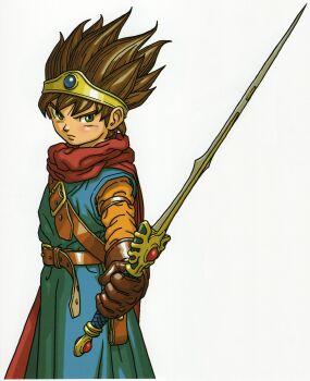 Rule 34 | 1boy, absurdres, armlet, belt, blue eyes, blue gem, blue tunic, brown belt, brown gloves, brown hair, cape, circlet, dragon quest, dragon quest iii, erdrick's sword, gem, gloves, gold circlet, hero (dq3), highres, holding, holding sword, holding weapon, jewelry, looking to the side, male focus, official art, orange sleeves, red cape, roto (dq3), scan, short hair, spiked hair, sword, third-party source, toriyama akira, tunic, weapon, white background