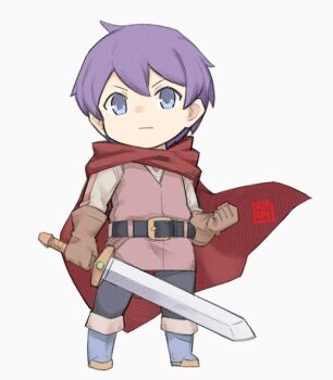 1boy belt black_belt black_pants blue_eyes boots brown_gloves brown_tunic cape chibi chibi_only clenched_hand closed_mouth commentary_request full_body gloves hair_between_eyes holding holding_sword holding_weapon jingai_modoki long_sleeves luka_(mon-musu_quest!) mon-musu_quest! pants purple_hair red_cape seal_impression serious shirt short_hair simple_background solo sword tunic v-shaped_eyebrows weapon white_background white_shirt