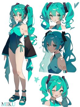 1girl :d ;d absurdres aqua_hair arm_tattoo black_sleeves casual_one-piece_swimsuit character_name reference_sheet closed_mouth coco_irasuto covered_navel detached_sleeves green_eyes grey_background hair_between_eyes hair_ornament hatsune_miku highres long_hair long_sleeves looking_at_viewer number_tattoo one-piece_swimsuit one_eye_closed open_mouth sleeves_past_wrists smile solo swimsuit tattoo tongue tongue_out twintails vocaloid