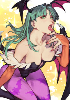 1girl animal_print bat_print black_leotard breasts bridal_gauntlets collarbone covered_navel darkstalkers demon_girl demon_wings diffraction_spikes eyeshadow green_eyes green_hair head_wings hungry_clicker leotard long_hair low_wings makeup morrigan_aensland open_mouth pantyhose pink_eyeshadow pink_nails purple_pantyhose solo sparkle teeth thigh_gap tongue tongue_out upper_teeth_only wings
