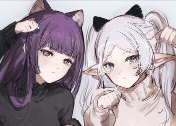 2girls animal_ear_fluff animal_ears blunt_bangs blush breasts cat cat_ears cat_girl closed_mouth commentary_request elf extra_ears fern_(sousou_no_frieren) frieren green_eyes highres long_hair long_sleeves looking_at_viewer moku_(muooku) multiple_girls paw_pose pointy_ears purple_eyes purple_hair purple_shirt purple_sweater shirt simple_background sousou_no_frieren sweater turtleneck turtleneck_sweater twintails white_background white_hair white_shirt white_sweater