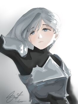 1girl absurdres arm_up armor breastplate expressionless grey_eyes highres long_hair looking_to_the_side nephis_(shadow_slave) shadow_slave shoulder_armor solo swift6000 upper_body white_hair