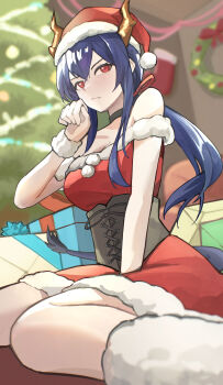 Rule 34 | 1girl, absurdres, alternate costume, arknights, bare shoulders, black choker, black tail, blurry, blurry background, blush, breasts, brown horns, ch'en (arknights), choker, christmas, cleavage, closed mouth, commentary, corset, dress, embarrassed, fur-trimmed dress, fur-trimmed headwear, fur trim, hair between eyes, hand up, hat, highres, horns, large breasts, long hair, looking at viewer, on floor, paw pose, purple hair, red dress, red eyes, red hat, santa costume, santa hat, sitting, solo, tail, underbust, wariza, wristband, yagi000