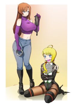 1boy 1girl ahoge artist_request ball_gag bare_shoulders bdsm blindfold blonde_hair blue_eyes blush bondage boots bound brown_hair collar commission denim elbow_gloves eudetenis femdom gag gagged gloves high_heel_boots high_heels jeans long_hair midriff original pants pantyhose raised_eyebrow restrained rope sleeveless smile straitjacket tailcoat trap