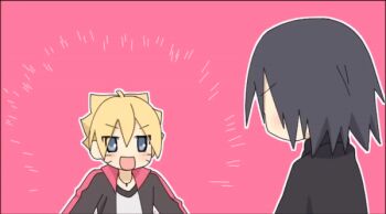 animated animated_gif blonde_hair blue_eyes blush boruto:_naruto_next_generations cape facial_mark happy jacket looking_at_another looping_animation motion_lines multicolored_jacket narrowed_eyes naruto_(series) perfect_loop pink_background shirt spiked_hair teacher_and_student uchiha_sasuke uzumaki_boruto waving_arms white_shirt