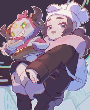 1girl 73sitimi ansha_(pokemon) backpack bag black_hair blue_eyes boots braid cityscape coat donut food from_above gen_6_pokemon hat hoopa hoopa_(confined) legendary_pokemon looking_at_viewer mythical_pokemon open_mouth pokemon pokemon_legends:_z-a scarf smile solo