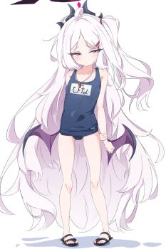 Rule 34 | 1girl, ahoge, blue archive, blush, commentary request, demon girl, demon horns, demon wings, fugu43, full body, halo, highres, hina (blue archive), hina (swimsuit) (blue archive), horns, long hair, looking at viewer, low wings, old school swimsuit, purple eyes, school swimsuit, simple background, solo, standing, swimsuit, very long hair, white background, white hair, wings