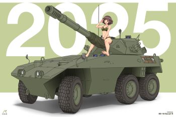 1girl 2025 absurdres acrux akiyama_yukari artist_logo barefoot bikini bikini_shorts breasts brown_eyes brown_hair camouflage camouflage_bikini commentary dated ee-18_sucuri_ii english_commentary girls_und_panzer green_bikini highres logo looking_at_viewer medium_breasts messy_hair military military_vehicle motor_vehicle navel on_tank one_eye_closed open_mouth salute shadow short_hair shorts smile solo swimsuit tank text_background