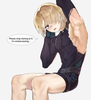 1boy absurdres arm_up armpits bana_gameg bare_legs black_bodysuit black_shorts blonde_hair blue_eyes bodysuit freckles freminet_(genshin_impact) genshin_impact hair_over_one_eye highres long_sleeves male_focus open_mouth short_hair shorts solo torn_bodysuit torn_clothes