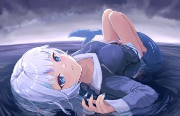 1girl absurdres animal_costume blue_eyes blue_hair blue_hoodie blue_nails breasts closed_mouth eienart fins fish_tail gawr_gura gawr_gura_(1st_costume) grey_hair highres hololive hololive_english hood hoodie medium_hair nail_polish shark_costume shark_girl shark_tail small_breasts solo tail virtual_youtuber wading water