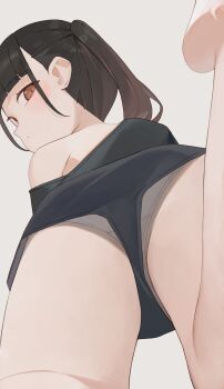 1girl black_hair black_shirt black_shorts brown_eyes closed_mouth commentary highres hiroki_(yyqw7151) looking_at_viewer looking_back original panties pantyshot shirt short_shorts shorts simple_background solo twintails underwear