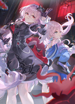 2girls alternate_breast_size_(larger) blue_jacket breasts buckle dress dual_persona earrings evernight_(honkai:_star_rail) flower gem gloves gradient_clothes gradient_jacket hair_flower hair_ornament hairclip hashtag-only_commentary highres honkai:_star_rail honkai_(series) jacket jewelry layered_dress march_7th_(honkai:_star_rail) march_7th_(preservation)_(honkai:_star_rail) medium_breasts multicolored_eyes multiple_girls off-shoulder_jacket off_shoulder official_alternate_costume official_alternate_design official_alternate_eye_color official_alternate_hair_length official_alternate_hairstyle overskirt parallel_hairclips pink_hair pink_jacket rave_1875 red_eyes red_gemstone shirt single_earring skirt smile thigh_strap thighs two-tone_eyes watermark