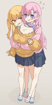 2girls absurdres bite_mark bite_mark_on_neck bite_mark_on_shoulder black_skirt blonde_hair collared_shirt commentary_request grey_background heart heart-shaped_pupils highres hug hug_from_behind kopaka_(karda_nui) long_hair multiple_girls original pink_hair pink_sweater pleated_skirt purple_eyes school_uniform shirt simple_background skirt sweater symbol-shaped_pupils white_shirt yellow_eyes yellow_sweater yuri