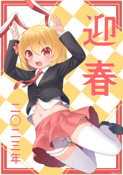 1girl 2023 :d absurdres animal_ears black_jacket black_shoes blazer blonde_hair bloomers blush chinese_zodiac collared_shirt commentary_request cosplay fang full_body harunoha highres jacket jumping loafers long_sleeves looking_at_viewer midriff navel necktie open_mouth orange_eyes petite pink_skirt pleated_skirt rabbit_ears rabbit_pose red_necktie reisen_udongein_inaba reisen_udongein_inaba_(cosplay) rumia shirt shoes short_hair skin_fang skirt smile solo thighhighs touhou underwear white_bloomers white_shirt white_thighhighs year_of_the_rabbit