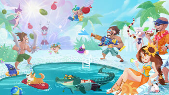 3boys 3girls alligator alternate_costume animalization axe ball barefoot beachball bikini black_one-piece_swimsuit blue_male_swimwear blue_swim_trunks coconut crocodilian diana_(league_of_legends) draven drawstring flower food graves_(league_of_legends) green_male_swimwear green_swim_trunks highres ice_cream inkinesss karthus kickboard league_of_legends lee_sin lens_flare leona_(league_of_legends) lifeguard male_swimwear minion_(league_of_legends) multiple_boys multiple_girls nasus one-piece_swimsuit plaid_clothes plaid_swim_trunks pool pool_ladder pool_party_leona poro_(league_of_legends) print_male_swimwear print_swim_trunks print_swimsuit red_male_swimwear red_swim_trunks renekton skeleton striped_male_swimwear striped_swim_trunks sun sunflower sunglasses swim_trunks swimming swimsuit syndra teemo topless_male tree vertical-striped_male_swimwear visor_cap water_balloon water_gun weapon whistle whistle_around_neck yordle ziggs