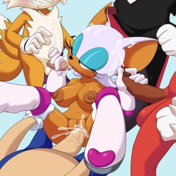 1girl 4boys animal_ears artist_request bat_ears bat_girl black_fur blue_background blue_fur breasts clenched_teeth cum cum_in_mouth cum_in_pussy cum_on_body ejaculation erection eyelashes facial fellatio fox_boy fox_tail furry furry_female furry_male furry_with_furry gangbang gloves group_sex handjob hetero highres knuckles_the_echidna large_breasts multiple_boys navel nipples nude one_eye_closed oral penis pussy red_fur rouge_the_bat sex shadow_the_hedgehog shota sonic_(series) sonic_the_hedgehog spread_legs tail tails_(sonic) teeth testicles uncensored vaginal yellow_fur