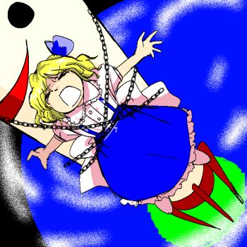 1girl alice_margatroid alice_margatroid_(pc-98) back_bow blonde_hair blue_dress blue_hairband bobby_socks bound bow closed_eyes dress frilled_shirt_collar frills hairband highres meme mimi-chan nuclear_weapon open_mouth primary_dragon radiation_symbol rocket_ship shirt skirt socks solo spacecraft suspender_skirt suspenders tied_up_(nonsexual) touhou touhou_(pc-98) white_bow white_shirt wolverine_nuke_(meme) zun_(style)