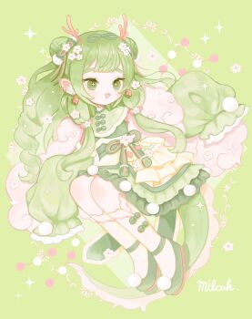 Rule 34 | 1girl, artist name, bare shoulders, detached sleeves, double bun, dragon girl, dragon horns, dragon tail, drill hair, earrings, full body, green background, green eyes, green hair, green kimono, green shoes, green tail, green theme, hair bun, highres, horns, japanese clothes, jewelry, kimono, long hair, milcah, open mouth, original, pointy ears, shoes, sitting, socks, solo, sparkle, tail, white socks
