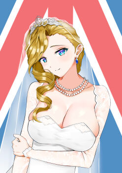1girl absurdres azur_lane blonde_hair blue_eyes breasts bridal_gauntlets cleavage dress earrings gloves hair_over_shoulder highres hood_(azur_lane) hood_(rosey_love_poem)_(azur_lane) jewelry large_breasts long_hair looking_at_viewer necklace noazzark official_alternate_costume smile solo tiara union_jack upper_body veil wedding_dress