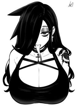 1girl borrowed_character breasts choker cleavage commentary cross cross_choker cross_earrings earrings english_commentary eyeshadow forked_tongue hair_over_one_eye half-closed_eye highres huge_breasts jewelry long_hair long_tongue lughost makeup military_vehicle mole mole_under_eye motor_vehicle original shoulder_tattoo signature solo tank tattoo tongue