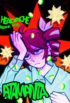 1girl ahoge ataman_ita_(synthesizer_v) bow character_name closed_mouth collared_shirt english_text frown hair_bow hand_on_own_head highres jitome kasane_teto kasane_teto_(sv) long_sleeves nou_1182 pill pixelated red_hair romaji_text shirt short_hair solo sweat synthesizer_v twintails upper_body utau white_shirt