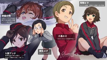 Rule 34 | 6+girls, akaboshi koume, artist name, black headwear, black jacket, brown eyes, brown hair, dated, geshiko (girls und panzer), girls und panzer, green eyes, green skirt, grey jacket, hida ema, highres, iruma anna, itsumi erika, jacket, katsuya megu, kojima emi, kuromorimine military uniform, kuromorimine school uniform, multiple girls, nishizumi maho, red shirt, red skirt, school uniform, shinmai (kyata), shirt, skirt, track jacket, track suit, translation request